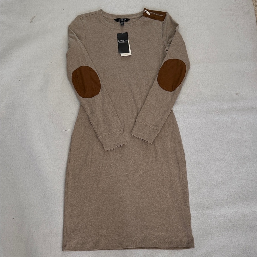 Lauren Ralph Lauren Lt Truffle jersey Dress with Brown Elbow Patches NWT  Xs